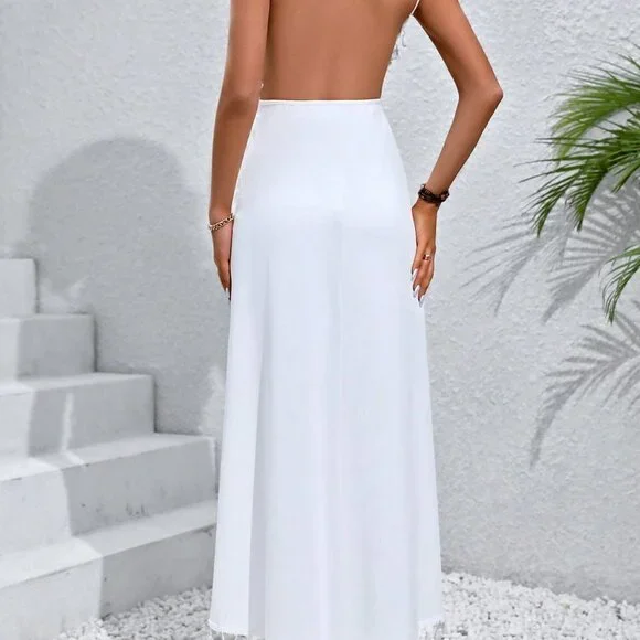 White Casual Womens Women's Fringed Wrap Backless Kimono Blouse